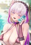  1girl areola_slip bad_link beach bikini blush breasts eternity_(last_origin) heart heart-shaped_pupils heart_in_eye highres huge_breasts last_origin long_hair looking_at_viewer open_mouth purple_eyes purple_hair shou_ienaga smile solo swimsuit symbol-shaped_pupils symbol_in_eye 