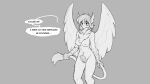  anthro avian breasts english_text eyewear feathered_wings feathers female genitals glasses greyscale gryphon holding_tail karen_(redacted) monochrome mythological_avian mythology pubes pussy solo speech_bubble text watsup wings 