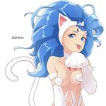  2022 absurd_res animal_humanoid blep blue_eyes blue_hair breasts capcom claws darkstalkers felicia_(darkstalkers) felid felid_humanoid feline feline_humanoid female fur hair hi_res humanoid light_body light_skin long_hair mammal mammal_humanoid navel rakkopower simple_background solo tongue tongue_out video_games white_background white_body white_fur 