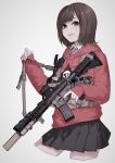  1girl absurdres aimpoint alma01 assault_rifle bangs black_skirt blush brown_eyes brown_hair collared_shirt commentary_request cropped_legs eyebrows_behind_hair grey_background gun highres holding holding_gun holding_weapon hood hoodie long_sleeves looking_at_viewer m4_carbine mk_18_carbine necktie original parted_lips pink_hoodie real_life red_necktie rifle shirt short_hair skirt sleeves_past_wrists smile solo weapon white_shirt 