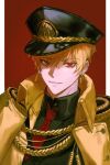  1boy absurdres blonde_hair coat earrings fate/extra fate_(series) gilgamesh_(fate) hat highres jewelry kepi looking_at_viewer male_focus military_hat necktie official_alternate_costume open_clothes open_coat portrait red_eyes red_necktie short_hair smug solo upper_body yellow_coat 