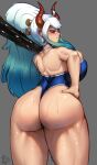  absurd_res big_breasts big_butt bikini_thong breasts butt clothing club_(weapon) female grey_background hi_res holding_club holding_melee_weapon horn horned_humanoid humanoid lewdssonk melee_weapon not_furry one-piece_swimsuit one_piece simple_background solo swimwear weapon yamato_(one_piece) 