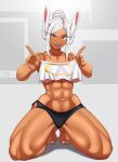 1girl 2022 abs absurdres animal_ears bangs bare_shoulders barefoot black_shorts boku_no_hero_academia breasts castell clothes_lift crescent_print crop_top dark-skinned_female dark_skin hair_bun hands_up highres kneeling large_breasts lifted_by_self long_eyelashes looking_at_viewer midriff mirko muscular muscular_female nail_polish navel parted_bangs rabbit_ears rabbit_girl red_eyes shiny shiny_skin shirt_lift short_shorts shorts side_slit side_slit_shorts sidelocks signature single_hair_bun smile solo spaghetti_strap thick_thighs thighs toenail_polish toenails toes toned tongue tongue_out underboob white_hair white_nails wide_hips 
