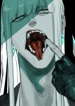  1boy ajuji_aju aqua_eyes bangs bleach blunt_bangs earrings fangs finger_gun finger_in_own_mouth fingernails forked_tongue hand_up highres hirako_shinji japanese_clothes jewelry long_fingernails long_hair looking_at_viewer male_focus mouth_pull open_mouth portrait scales shade sharp_fingernails simple_background solo spot_color straight_hair tongue tongue_out uneven_eyes webbed_hands 