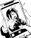  aoki_ruri cellphone closed_eyes fang hand_up highres horns masruu phone ruri_dragon school_uniform smartphone 