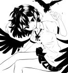  1341398tkrtr 1girl bangs bird bird_wings collared_shirt crow hat high_contrast highres looking_at_viewer miniskirt monochrome pointy_ears shameimaru_aya shirt short_hair short_sleeves simple_background skirt smile tokin_hat touhou wings 