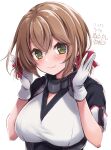  1girl absurdres artist_name blush breasts brown_hair closed_mouth dated eyebrows_visible_through_hair gloves green_eyes hair_between_eyes highres kantai_collection large_breasts mashiro_yukiya mutsu_(kancolle) mutsu_kai_ni_(kancolle) short_hair short_sleeves signature simple_background smile solo upper_body white_background white_gloves 