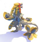  absurdres claws commentary from_behind highres kommo-o likey looking_up no_humans open_mouth pokemon pokemon_(creature) red_eyes signature solo standing tongue white_background 