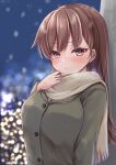  1girl absurdres artist_name blush breasts brown_eyes brown_hair buttons closed_mouth coat dated eyebrows_visible_through_hair green_coat hair_between_eyes highres kantai_collection large_breasts long_hair long_sleeves mashiro_yukiya one-hour_drawing_challenge ooi_(kancolle) scarf signature solo upper_body 
