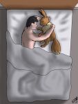  bed bed_sheet bedding cuddling duo eevee embrace female feral furniture hi_res hug human lying male male/female mammal nintendo nonny18675309 on_side pok&eacute;mon pok&eacute;mon_(species) sleeping video_games 