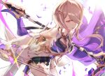  1girl :d bangs bare_shoulders breasts brown_hair cleavage dress hair_ornament hair_over_one_eye highres holding holding_scythe holding_sword holding_weapon honkai_(series) honkai_impact_3rd long_hair mole mole_under_eye natumusumeab open_mouth purple_eyes rita_rossweisse rita_rossweisse_(spina_astera) scythe smile solo sword weapon white_background white_dress 