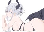  1girl absurdres ahoge arm_support ass bangs bare_arms bikini black_bikini breasts cowboy_shot demon_horns demon_tail demon_wings from_side grey_eyes grey_hair highres horns interlocked_fingers large_breasts long_hair looking_at_viewer lying navel nekojira on_stomach original parted_lips pointy_ears sideboob sidelocks simple_background solo stomach swimsuit tail thea_(nekojira) thighs white_background wings 
