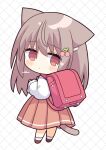  1girl :&lt; animal_ear_fluff animal_ears backpack bag bangs blush_stickers brown_eyes brown_footwear brown_hair brown_skirt cat_ears cat_girl cat_tail cherry_hair_ornament chibi closed_mouth commentary eyebrows_visible_through_hair food-themed_hair_ornament from_behind full_body hair_between_eyes hair_ornament hairclip highres long_hair long_sleeves looking_at_viewer looking_back nakkar original pleated_skirt puffy_long_sleeves puffy_sleeves randoseru shirt shoes signature skirt sleeves_past_wrists socks solo tail very_long_hair watermark white_background white_legwear white_shirt 