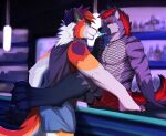  alcohol anthro bar beverage breasts canid canine canis clothed clothing counter digital_media_(artwork) duo fox fur hair hi_res hyaenid hybrid male male/male mammal muscular muscular_anthro muscular_male pawpads paws raised_paw smile vitaly_(artist) wolf 