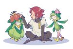  1boy :d ^_^ black_legwear black_pants black_sweater capri_pants closed_eyes crossover facing_another facing_to_the_side flower full_body hair_flower hair_ornament half_updo hanasaki_miyabi headpat hisuian_lilligant holostars indian_style ku_(5han9e) lilligant male_focus motion_lines no_shoes pants pokemon pokemon_(creature) red_hair ribbon shirt short_hair short_sleeves simple_background sitting sleeves_past_wrists smile sweater turtleneck turtleneck_sweater virtual_youtuber white_background white_shirt yellow_ribbon 