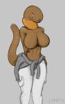  abs annelid anthro big_breasts bottomwear breasts brown_body clothed clothing earthworm featureless_breasts female grey_background hi_res narrowed_eyes non-mammal_breasts pants partially_clothed simple_background solo standing topless vegashasfrozenover wide_hips 