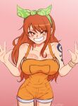  absurdres breasts bright_pupils hair_ribbon highres large_breasts long_hair looking_at_viewer lord_guyis nami_(one_piece) no_bra one_piece orange_eyes orange_hair overall_shorts overalls ribbon smile tattoo 