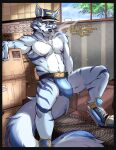  absurd_res anthro bulge canid canine canis cigarette clothing fur hi_res landscape male mammal midnight_blue muscular muscular_male nipples package pose simple_background solo underwear wolf 