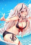  1girl absurdres bikini black_hair breasts cleavage grey_hair highres hololive holox large_breasts long_hair looking_at_viewer multicolored_hair red_eyes ribbon sakamata_chloe side-tie_bikini streaked_hair swimsuit the0neulost thigh_strap very_long_hair virtual_youtuber 