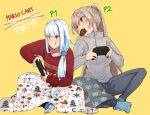  2girls blanket blue_hair blue_nails brown_hair casual christmas_sweater collarbone controller english_text food_in_mouth furen_e_lustario hinagi_(fox_priest) holding holding_controller lize_helesta long_hair long_sleeves merry_christmas mouth_hold multicolored_hair multiple_girls nijisanji pants ponytail purple_eyes red_eyes red_nails ribbed_sweater sitting smile sweat sweater tongue tongue_out two-tone_hair virtual_youtuber white_hair yellow_background 