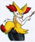  anthro big_butt braixen butt canid canine fur girly hi_res inner_ear_fluff male mammal nintendo pok&eacute;mon pok&eacute;mon_(species) rotten_owl simple_background solo traditional_media_(artwork) tuft video_games white_background white_body white_fur yellow_body yellow_fur 
