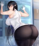  1girl ass ass_focus bare_arms bare_shoulders black_hair black_legwear blue_archive blue_eyes breasts closed_mouth glasses gloves halo highres large_breasts looking_at_viewer looking_back pointy_ears rin_(blue_archive) shirt sleeveless sleeveless_shirt thighs tyamurai33 white_gloves white_shirt 