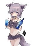  1girl ahoge animal_ears arknights bare_shoulders bendy_straw bikini black_bikini blue_eyes bottle closed_mouth cup drinking_glass drinking_straw extra_ears fox_ears fox_girl fox_tail grey_hair hair_ornament hairclip headphones_for_animal_ears highres holding holding_bottle holding_cup low_twintails nanatsuka navel official_alternate_costume see-through simple_background solo sussurro_(arknights) sussurro_(summer_flowers)_(arknights) swimsuit tail twintails white_background x_hair_ornament 