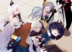  5girls :d anger_vein armor bare_shoulders black_footwear black_gloves black_hair boots breasts bronya_zaychik bronya_zaychik_(herrscher_of_reason) chinese_clothes cleavage closed_eyes controller crown dress drill_hair dual_persona earrings elbow_gloves fu_hua fu_hua_(herrscher_of_sentience) gauntlets gloves grey_hair hair_ornament hand_on_own_cheek hand_on_own_face highres holding holding_controller honkai_(series) honkai_impact_3rd jewelry kanahibidaisuki kiana_kaslana kiana_kaslana_(herrscher_of_flamescion) kiana_kaslana_(herrscher_of_the_void) long_hair multiple_girls nintendo_switch one_eye_closed open_mouth ponytail purple_hair raiden_mei raiden_mei_(herrscher_of_thunder) smile table thigh_boots thighhighs tile_floor tiles twin_drills white_dress white_hair white_legwear yellow_eyes 