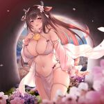  1girl animal_ears azur_lane bangs bikini blush breasts brown_hair cleavage cow_ears cow_girl cow_horns cow_tail eyebrows_visible_through_hair flower hair_flower hair_ornament highres horns kashino_(azur_lane) large_breasts long_hair looking_at_viewer navel open_mouth purple_eyes smile swimsuit tail white_bikini white_flower 