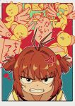  1girl absurdres angry brown_hair candy cardcaptor_sakura eyebrows_visible_through_hair female_child food highres kero kinomoto_sakura nzeneee teeth translation_request variations wings 