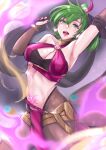  1girl arm_up armor armpits bangs bikini bikini_top_only blurry blurry_foreground bracelet breasts cleavage cleavage_cutout clothing_cutout cowboy_shot depth_of_field detached_sleeves eyelashes eyeshadow fire_emblem fire_emblem:_genealogy_of_the_holy_war fire_emblem_heroes gem gold gold_armor green_eyes green_hair high_ponytail highres jewelry large_breasts lene_(fire_emblem) lipstick makeup midriff nail_polish navel nintendo official_alternate_costume open_mouth pantyhose ponytail pubic_tattoo purple_bikini see-through see-through_sleeves sideboob simple_background solo swimsuit tattoo thighs toned vialnite 