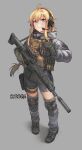  1girl ammunition_pouch assault_rifle bangs blonde_hair blue_eyes bulletproof_vest cz_bren-2 ear_protection ergot flashlight gun headset highres indie_virtual_youtuber jacket knee_pads leggings long_bangs looking_at_viewer over-kneehighs pouch rifle shorts solo suppressor thighhighs trigger_discipline virtual_youtuber weapon whiskey_project 