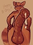  anthro balls birthday bodily_fluids first_person_view genital_fluids genitals hands_on_hips looking_at_viewer looking_down low-angle_view male mammal penis poco_(pocoloco_coon) precum procyonid raccoon smile smirk solo solo_focus sweat teitoryu 