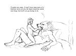  2022 anthro bed biped blaidd_(elden_ring) blindman12 canid canine canis digital_media_(artwork) duo elden_ring english_text erection fromsoftware furniture genitals hand_on_chin hand_on_head human human_on_anthro humanoid_genitalia humanoid_penis interspecies larger_anthro larger_male lying male male/male mammal on_back on_bed penis size_difference smaller_human smaller_male text video_games wolf 