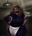  2022 anthro apron beware_the_shadowcatcher big_breasts blush breasts brown_body brown_fur brown_hair canid canine clothing detailed_background female fur hair hi_res huge_breasts lipstick looking_at_viewer makeup mammal rebrokota sam_(bts) solo 