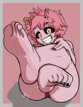  2020 5_toes ashido_mina barefoot bodily_fluids butt clothing colored_nails feet female fingers foot_focus genital_fluids hair hi_res horn horned_humanoid humanoid humanoid_feet my_hero_academia nails newworld-9 not_furry panties pink_body pink_hair pink_skin pussy_juice signature simple_background smile soles solo teeth toes underwear wet wet_clothing 