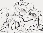  2019 applejack_(mlp) blush cutie_mark duo earth_pony equid equine eye_contact eyelashes feral freckles friendship_is_magic half-closed_eyes hasbro horse looking_at_another mammal manacha monochrome my_little_pony narrowed_eyes pinkie_pie_(mlp) pony 