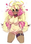  1girl absurdres arthropod_girl bikini blonde_hair blush breasts highres ichigo_lemonade indie_virtual_youtuber large_breasts leg_strap long_hair moth_girl multicolored_hair navel one-piece_tan pink_bikini pink_eyes pink_hair pubic_tattoo shiny shiny_hair shiny_skin short_eyebrows simple_background skindentation slugbox solo standing striped striped_bikini sweat swimsuit tan tanlines tattoo thick_eyebrows white_background 