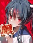  1girl absurdres bangs black_hair blue_sailor_collar borrowed_character bread commentary_request eyebrows_visible_through_hair food hair_between_eyes heart heart_background highres holding holding_food long_hair looking_at_viewer multicolored_hair ningen_mame original red_background red_eyes red_hair sailor_collar school_uniform serafuku shirt solo streaked_hair twintails upper_body white_shirt 