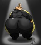  2022 anthro big_butt black_lips boots butt canid canine clothed clothing diane_foxington digital_media_(artwork) dreamworks eon54 female footwear fox fur green_eyes hand_on_butt hi_res hood huge_butt jumpsuit lips looking_at_viewer looking_back mammal morbidly_obese morbidly_obese_anthro morbidly_obese_female obese obese_anthro obese_female orange_body orange_fur overweight overweight_anthro overweight_female pink_nose rear_view simple_background smile solo spotlight teeth the_bad_guys wraps 
