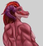  absurd_res anthro back_muscles bedroom_eyes breasts colored_sketch curled_horns deltoids digital_media_(artwork) dragon fangs female green_eyes grey_background hair hi_res horn licking licking_lips long_tongue looking_back muscular muscular_arms muscular_female narrowed_eyes nipples nude_anthro nude_female pupils purple_horn rear_view red_body red_hair red_scales scales scalie seductive simple_background sketch slit_pupils snout solo sunstripe tongue tongue_out 