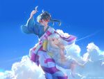  2girls bangs barefoot black_eyes black_hair blue_sky blunt_bangs cloud earrings eyebrows_visible_through_hair feathers flower hair_flower hair_ornament highres holding holding_feather inuyasha japanese_clothes jewelry kagura_(inuyasha) kanna_(inuyasha) kimono long_hair long_sleeves multicolored_clothes multicolored_kimono multiple_girls pointy_ears ponytail red_eyes sky tomo-alice white_hair white_kimono wide_sleeves 