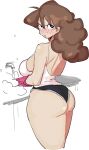  1girl ahoge ass bangs black_gloves blush breasts brown_hair camisole crayon_shin-chan curvy dishwashing eyebrows_visible_through_hair full-face_blush gloves highleg_shorts highres large_breasts leeboxxx micro_shorts parted_lips shorts solo 