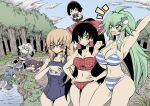 1boy 6+girls ahoge alternate_costume animal_ears arm_up armpits bikini black_eyes black_hair blonde_hair blue_hair blush breasts brown_eyes brown_hair camera chair checkered_clothes checkered_swimsuit chibi cloud cloudy_sky commentary_request day forest glasses green_eyes green_hair hair_ornament hakurei_reimu hand_on_own_chest hat hidefu_kitayan highres imaizumi_kagerou kirisame_marisa kochiya_sanae lake large_breasts long_hair looking_at_viewer mermaid monster_girl morichika_rinnosuke multiple_girls nature nose_bubble on_floor open_mouth outdoors red_swimsuit school_swimsuit shameimaru_aya short_hair sky sleeping striped striped_bikini sweatdrop swimsuit tail touhou translation_request wakasagihime white_hair wolf_ears wolf_tail 