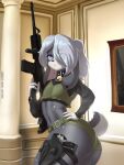  2022 absurd_res anthro butt collar female fur gun hand_on_hip hi_res inside lagomorph leporid mammal mr-shin painting_(object) pillar rabbit ranged_weapon solo watermark weapon 