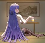  1774264015 1girl absurdres alcohol beer black_legwear black_skirt blush earrings full_body highres honkai_(series) honkai_impact_3rd indoors jewelry long_hair looking_at_viewer looking_back no_shoes on_floor pantyhose picture_frame raiden_mei shirt sitting skirt sleeves_past_elbows soles solo table toes white_shirt 