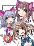  !? 3girls =3 alice_in_wonderland animal_ears asagumo_(kancolle) bangs blush bow compass double_bun dress enemy_lifebuoy_(kancolle) eyebrows_visible_through_hair fake_animal_ears grey_hair grin hair_between_eyes hair_bow hair_bun kantai_collection long_hair looking_at_viewer michishio_(kancolle) multiple_girls nuno_(pppompon) official_alternate_costume one_eye_closed open_mouth simple_background smile twintails yamagumo_(kancolle) 
