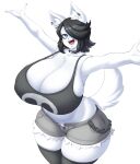  2022 anthro big_breasts black_clothing black_hair black_legwear black_nose black_shirt black_topwear blue_eyes blush blush_stickers bottomwear breasts canid canine canis chain chest_tuft clothed clothing collar cutoffs denim denim_clothing domestic_dog dotil ear_piercing ear_ring eyelashes female grey_bottomwear grey_clothing grey_shorts hair hair_over_eye hi_res huge_breasts inner_ear_fluff legwear looking_at_viewer maggie_applebee mammal midriff one_eye_obstructed open_mouth piercing shirt short_hair shorts simple_background solo spiked_collar spikes tank_top thick_thighs topwear tuft white_background 