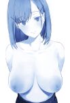  1girl arms_behind_back asymmetrical_bangs bangs blue_theme blush breasts breasts_apart collarbone hair_ornament hairpin head_tilt highres large_areolae large_breasts looking_at_viewer medium_hair midriff mizuta_marixxx original simple_background smile solo upper_body 