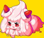  alcremie dairy_products drunk_oak eyebrows female fingers food food_creature fruit looking_at_viewer lying nintendo plant pok&eacute;mon pok&eacute;mon_(species) pose pseudo_hair red_sclera simple_background smile solo strawberry tongue tongue_out video_games whipped_cream yellow_background 